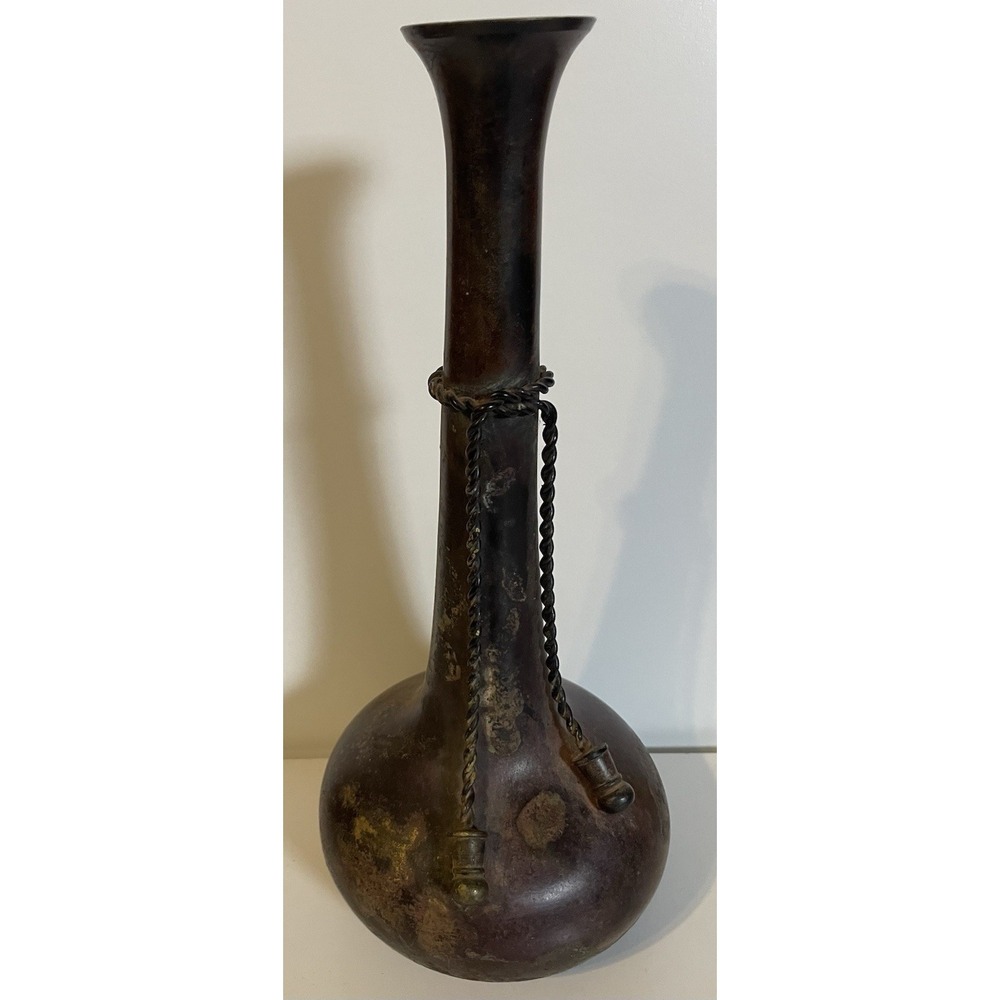 Vintage Bronze Single Bud Flower Vase Metal Rope Accent